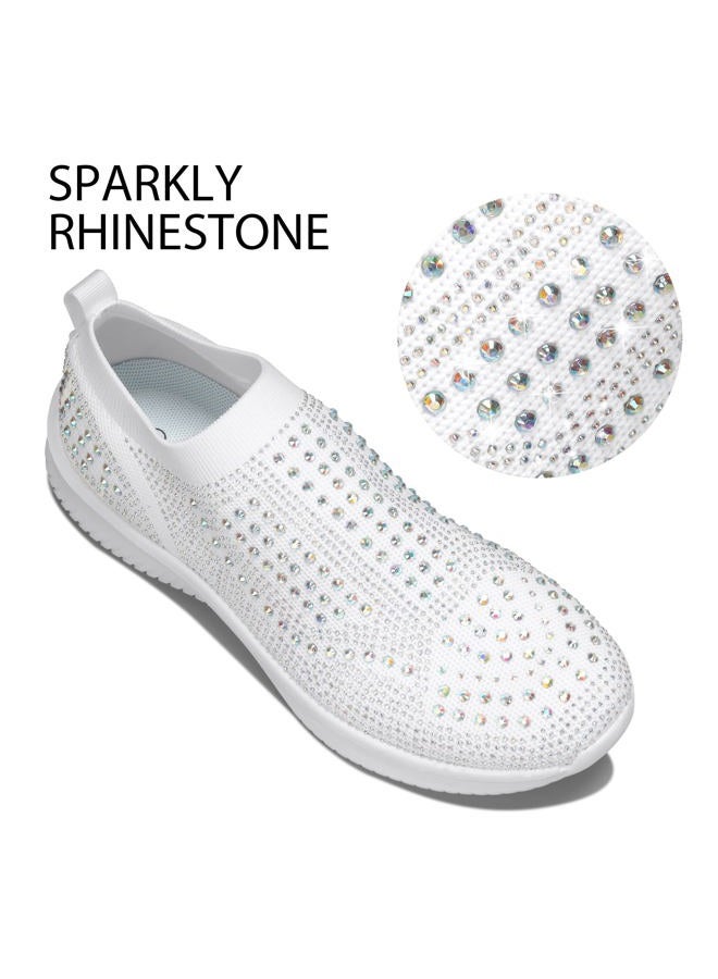 BELOS Women's Rhinestone Slip On Walking Shoes Breathable Mesh Knit Sock Shoes Fashion Comfortable Sparkly Sneaker (White,8.5) - Image 3