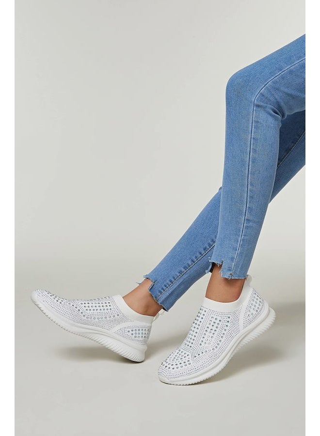 BELOS Women's Rhinestone Slip On Walking Shoes Breathable Mesh Knit Sock Shoes Fashion Comfortable Sparkly Sneaker (White,8.5) - Image 2