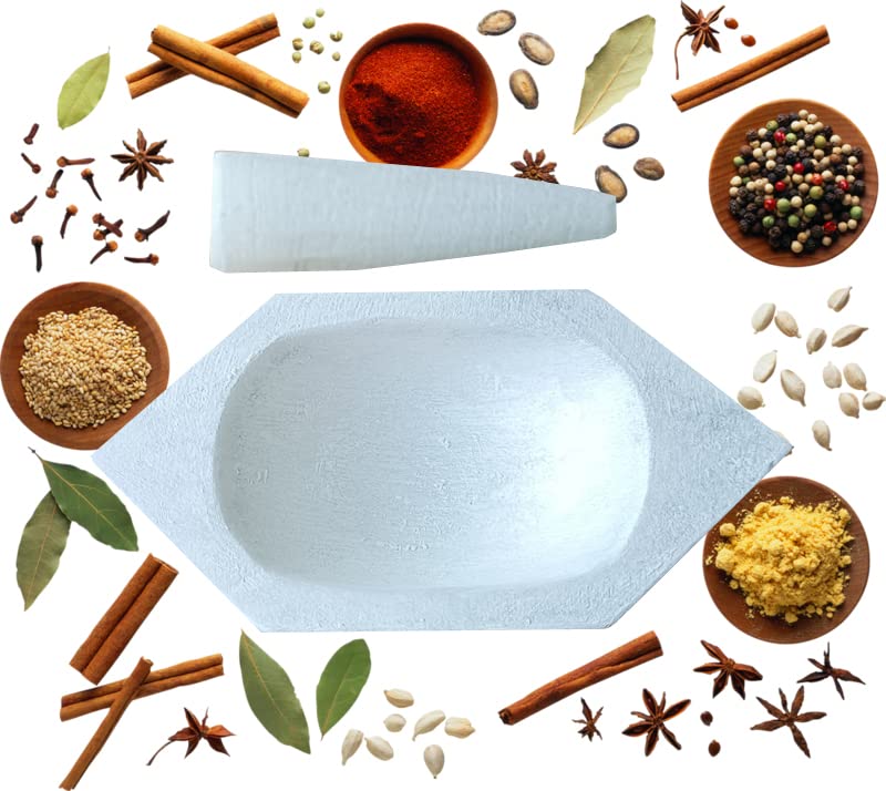 eGharonda White Marble Hexagon Boat Shape Mortar and Pestle Set Kharal for Grinding Spices Herbs Medicines 7 Inches - Image 4