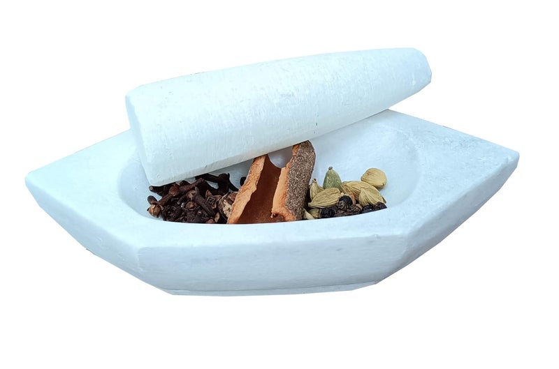 eGharonda White Marble Hexagon Boat Shape Mortar and Pestle Set Kharal for Grinding Spices Herbs Medicines 7 Inches - Image 1