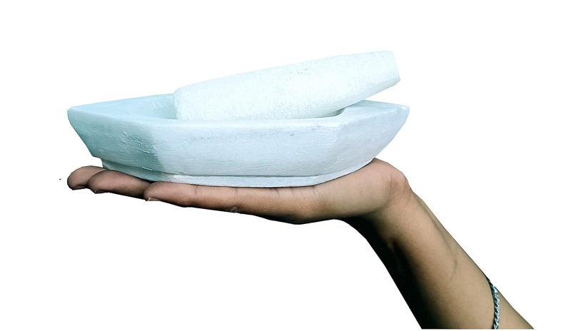 eGharonda White Marble Hexagon Boat Shape Mortar and Pestle Set Kharal for Grinding Spices Herbs Medicines 7 Inches - Image 3