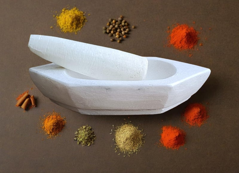 eGharonda White Marble Hexagon Boat Shape Mortar and Pestle Set Kharal for Grinding Spices Herbs Medicines 7 Inches - Image 5