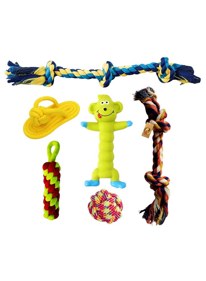 Generic 6 In 1 Squeaky And Chew Rope Dog Toy Combo - (2Knot Rope + 3Knot Rope + Cotton Ball + Slipper + Corn Stick + Green Monkey) | Chewing, Playing, & Teething Toy For Small Dogs And Puppies  - Image 1