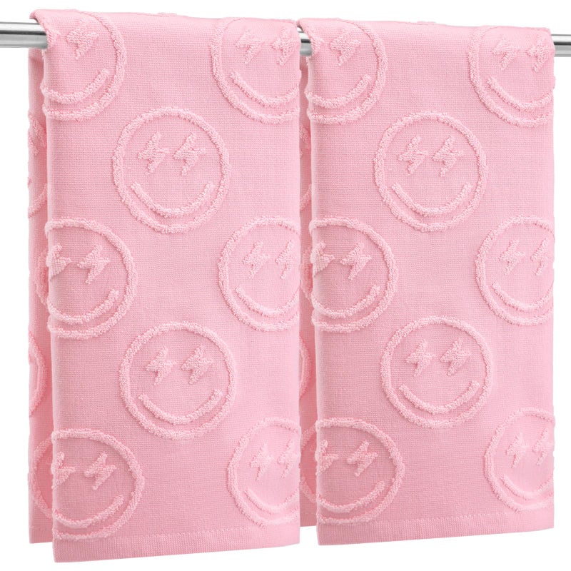 FuWeave 2 Pcs Pink Hand Towels for Bathroom Coquette Smile Face Hand Towels 100% Cotton Absorbent Decorative Jacquard Weave Bath Decor Preppy Bathroom Decor Gift, 13.7 x 29.5 Inch - Image 1