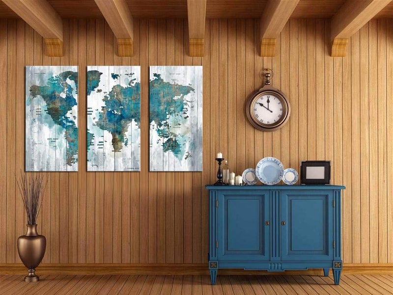 Pogusmavi Large Canvas Wall Art Abstract World Map Art for Living Room Modern Framed Wall Decoration Green Watercolor World Map Pictures Artwork Ready to Hang for Home Bedroom Office Size 16x32 inch Each Panel - Image 5