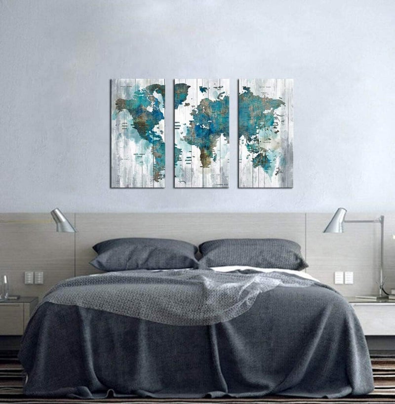 Pogusmavi Large Canvas Wall Art Abstract World Map Art for Living Room Modern Framed Wall Decoration Green Watercolor World Map Pictures Artwork Ready to Hang for Home Bedroom Office Size 16x32 inch Each Panel - Image 4