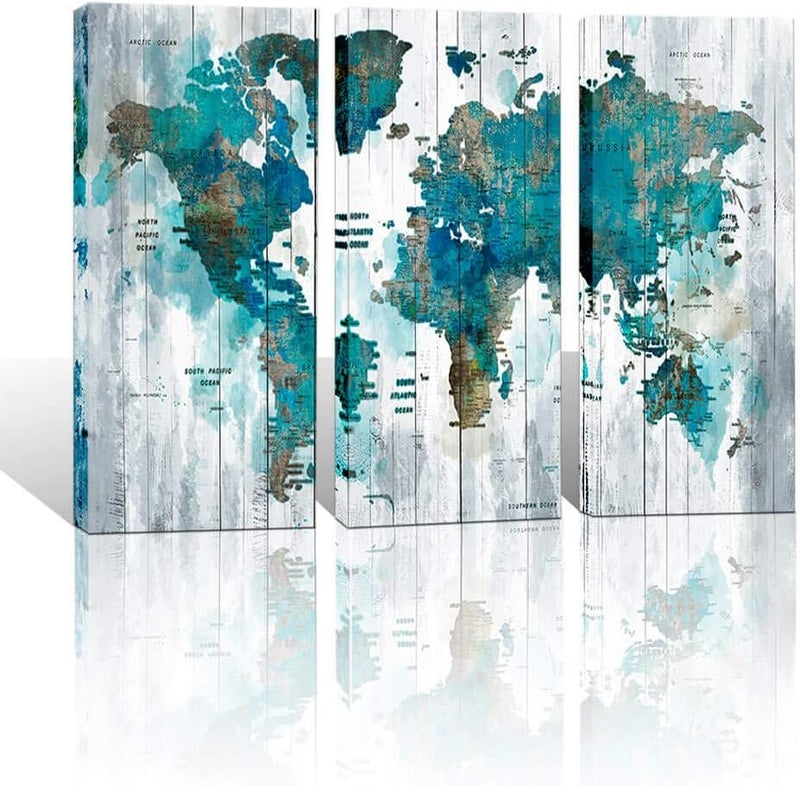 Pogusmavi Large Canvas Wall Art Abstract World Map Art for Living Room Modern Framed Wall Decoration Green Watercolor World Map Pictures Artwork Ready to Hang for Home Bedroom Office Size 16x32 inch Each Panel - Image 1