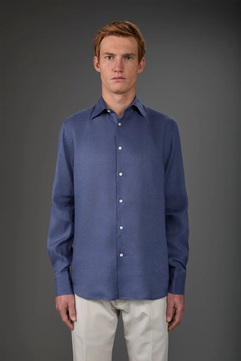 Men's casual shirt with classic collar, 100% linen - Cerulean