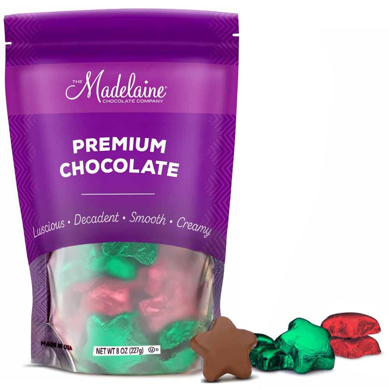 Madelaine Premium Milk Chocolate Stars Assorted Red & Green 8 Oz - Individually Wrapped Christmas Chocolate Candy - Image 1
