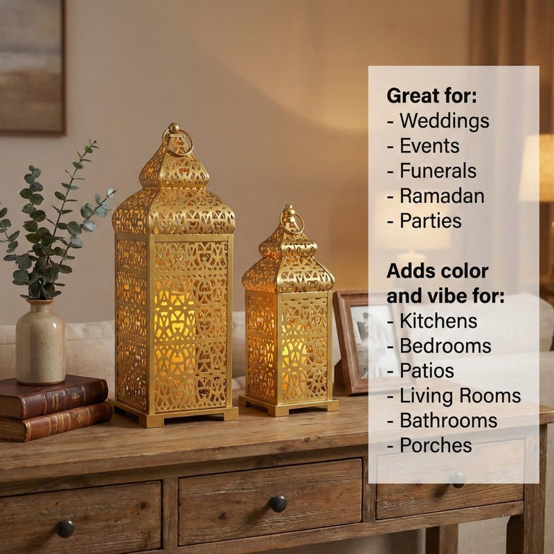 VELA LANTERNS Golden Temple Moroccan Lantern Lamp Decorative Candle Holders for Ramadan Decorations, Hanging, Outdoor Patio or Porch, Indoor Home Decor, Gold, Set of 2 (11" and 15" Tall) - Image 3