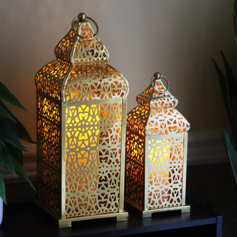 VELA LANTERNS Golden Temple Moroccan Lantern Lamp Decorative Candle Holders for Ramadan Decorations, Hanging, Outdoor Patio or Porch, Indoor Home Decor, Gold, Set of 2 (11" and 15" Tall) - Image 1