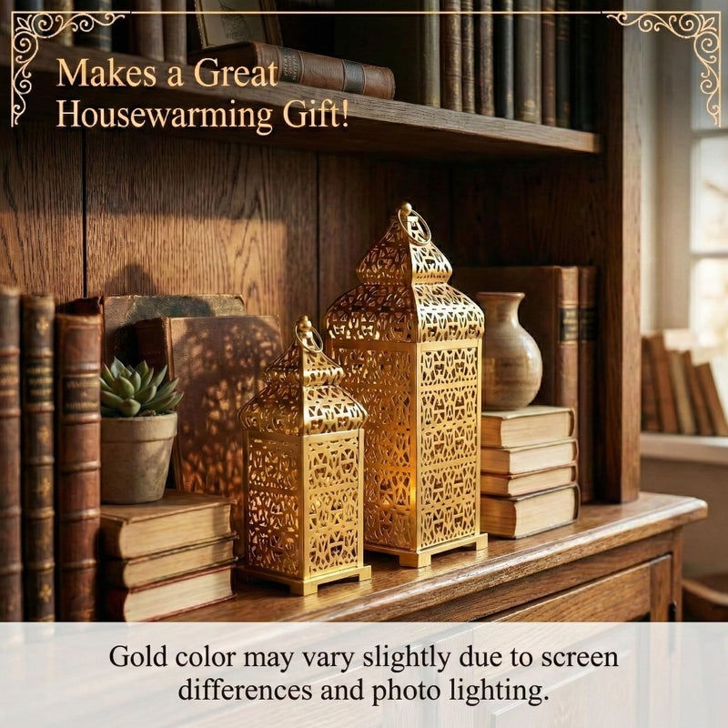 VELA LANTERNS Golden Temple Moroccan Lantern Lamp Decorative Candle Holders for Ramadan Decorations, Hanging, Outdoor Patio or Porch, Indoor Home Decor, Gold, Set of 2 (11" and 15" Tall) - Image 4