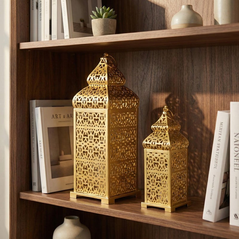 VELA LANTERNS Golden Temple Moroccan Lantern Lamp Decorative Candle Holders for Ramadan Decorations, Hanging, Outdoor Patio or Porch, Indoor Home Decor, Gold, Set of 2 (11" and 15" Tall) - Image 5
