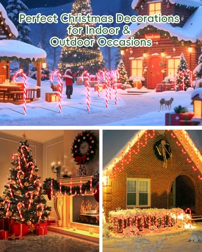 COOLWUFAN 12 Pack Christmas Candy Cane Pathway Markers, 17'' Christmas Outdoor Decorations Pathway Lights with 60 Warm Lights for Indoor and Outdoor Xmas Holiday Party Patio Yard Decor - Image 4