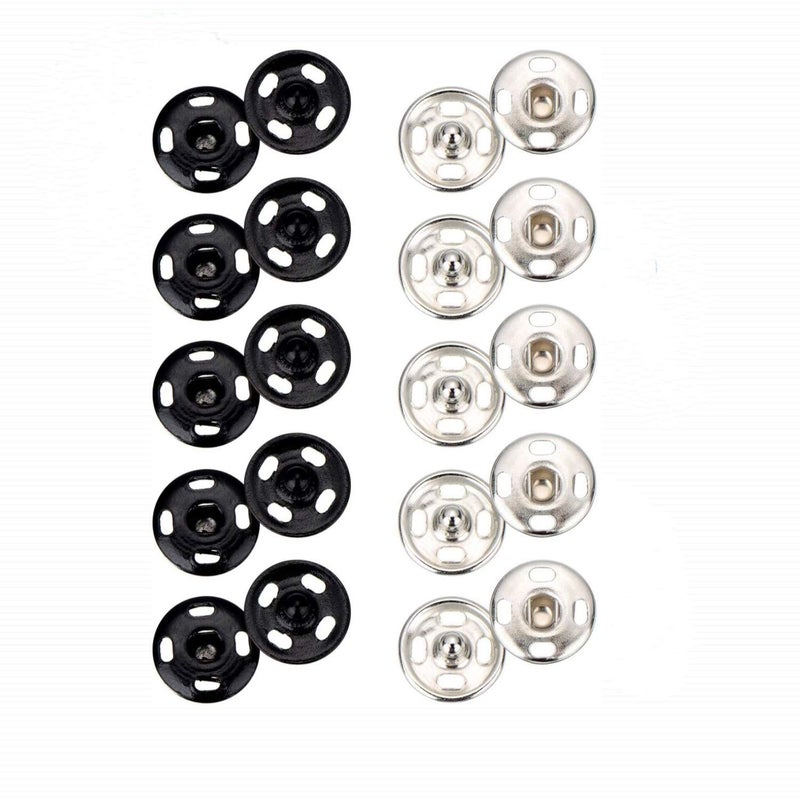 Kusen 200 Sets Sew-on Snap Buttons Metal Snaps Fasteners Press Studs Buttons for Sewing - 10 mm, Black and Silver - Image 1