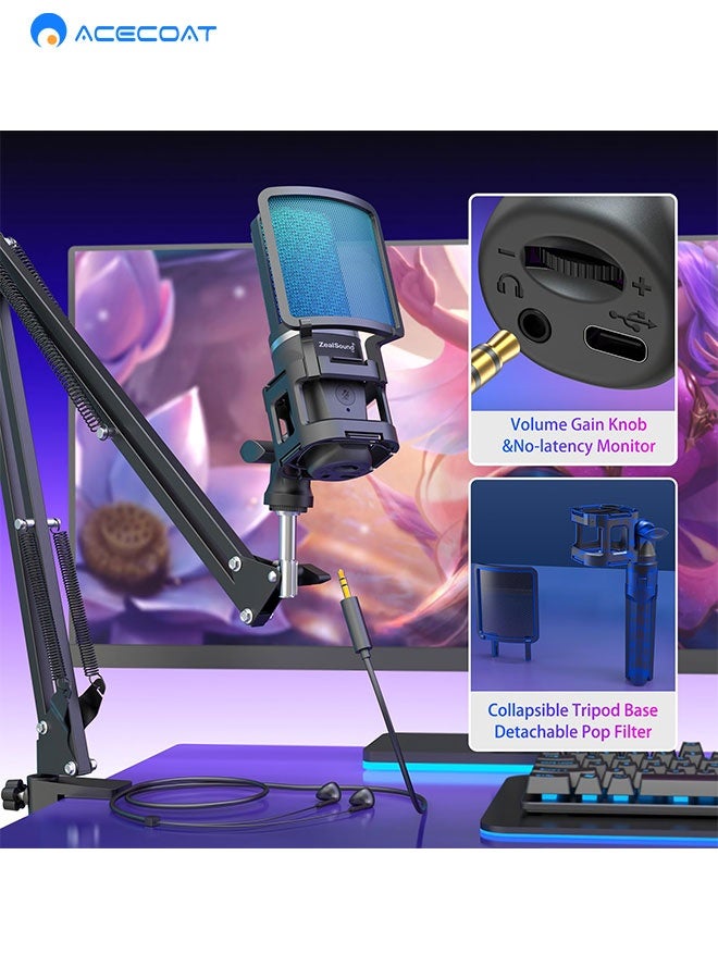 Gaming PC USB Microphone Podcast Condenser Mic With Adjustable Arm Stand Pop Filter Mute Button For Streaming Twitch Online Chat Snapchat Computer Mic For PS4 PS5 PC Gamer Youtuber
