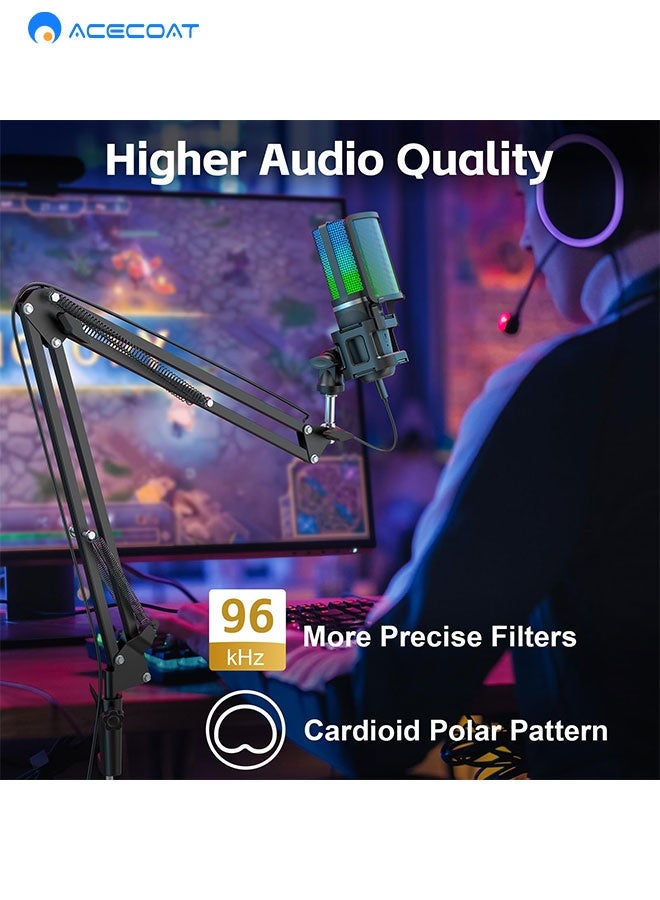 Gaming PC USB Microphone Podcast Condenser Mic With Adjustable Arm Stand Pop Filter Mute Button For Streaming Twitch Online Chat Snapchat Computer Mic For PS4 PS5 PC Gamer Youtuber