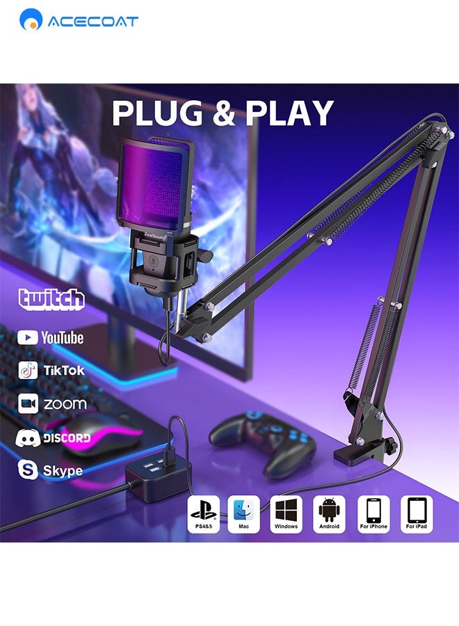 Gaming PC USB Microphone Podcast Condenser Mic With Adjustable Arm Stand Pop Filter Mute Button For Streaming Twitch Online Chat Snapchat Computer Mic For PS4 PS5 PC Gamer Youtuber