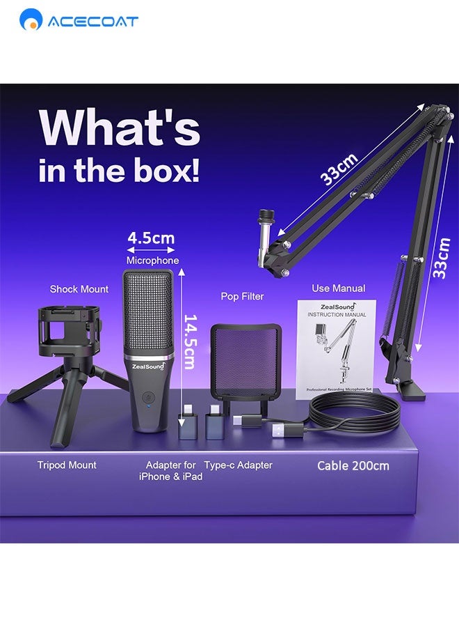 Gaming PC USB Microphone Podcast Condenser Mic With Adjustable Arm Stand Pop Filter Mute Button For Streaming Twitch Online Chat Snapchat Computer Mic For PS4 PS5 PC Gamer Youtuber