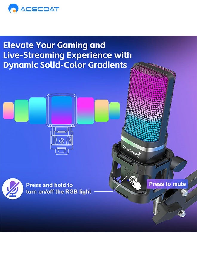 Gaming PC USB Microphone Podcast Condenser Mic With Adjustable Arm Stand Pop Filter Mute Button For Streaming Twitch Online Chat Snapchat Computer Mic For PS4 PS5 PC Gamer Youtuber