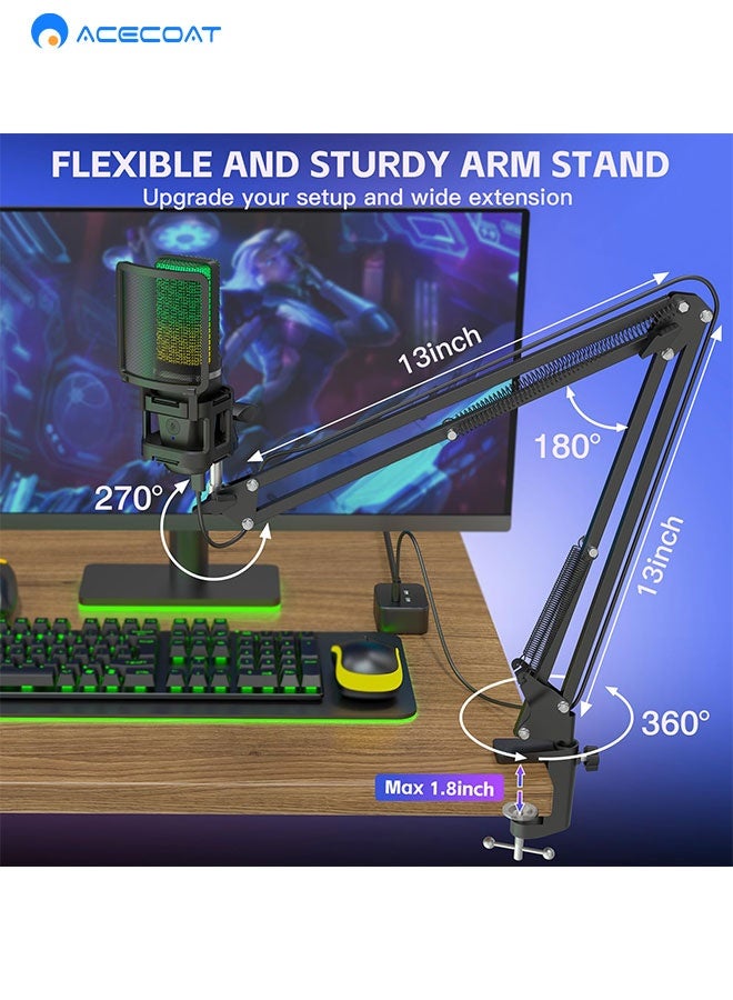 Gaming PC USB Microphone Podcast Condenser Mic With Adjustable Arm Stand Pop Filter Mute Button For Streaming Twitch Online Chat Snapchat Computer Mic For PS4 PS5 PC Gamer Youtuber
