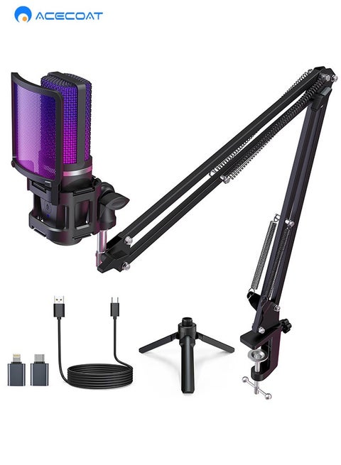 Gaming PC USB Microphone Podcast Condenser Mic With Adjustable Arm Stand Pop Filter Mute Button For Streaming Twitch Online Chat Snapchat Computer Mic For PS4 PS5 PC Gamer Youtuber