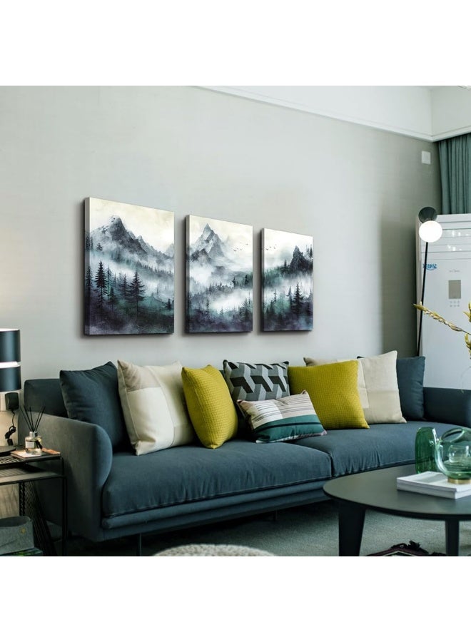 TTHYUEWS Canvas Wall Art For Bedroom Wall Decorations For Living Room Modern Office Wall Decor Misty and Fog Mountain Forest Wall Painting Landscape Wall Pictures Artworks Room Home Decor 3 Piece - Image 2