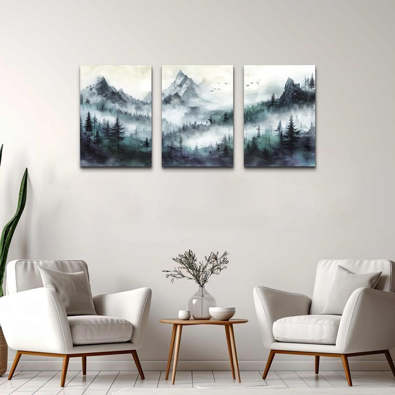 TTHYUEWS Canvas Wall Art For Bedroom Wall Decorations For Living Room Modern Office Wall Decor Misty and Fog Mountain Forest Wall Painting Landscape Wall Pictures Artworks Room Home Decor 3 Piece - Image 5