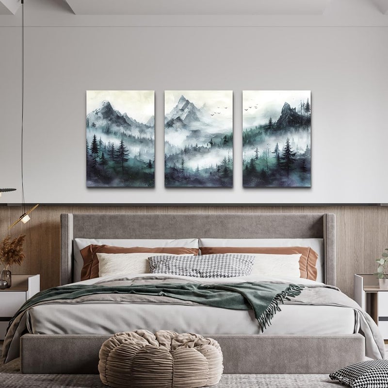 TTHYUEWS Canvas Wall Art For Bedroom Wall Decorations For Living Room Modern Office Wall Decor Misty and Fog Mountain Forest Wall Painting Landscape Wall Pictures Artworks Room Home Decor 3 Piece - Image 3