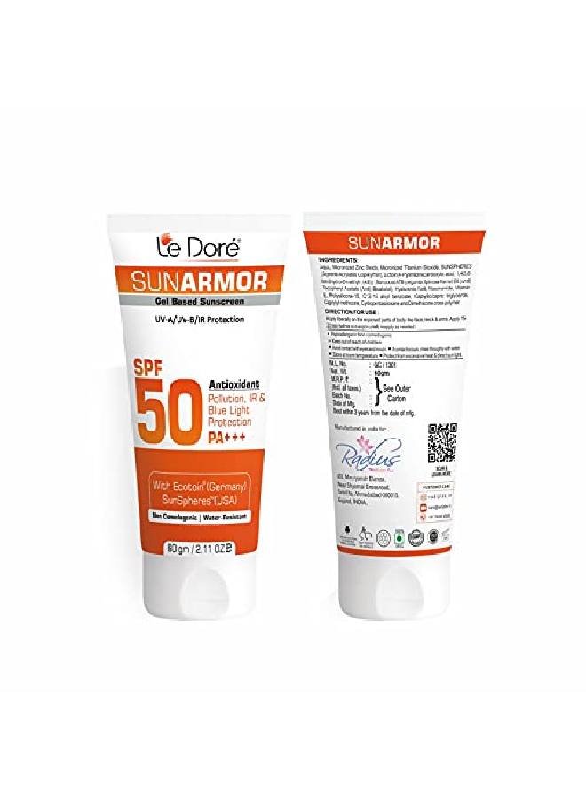 Le Dore Sunarmor SPF 50 Gel Based Sunscreen For UVA;UVB IR Pollution & Blue Light Protection with added Antioxidants and Hyaluronic Acid (60gm) - Image 3