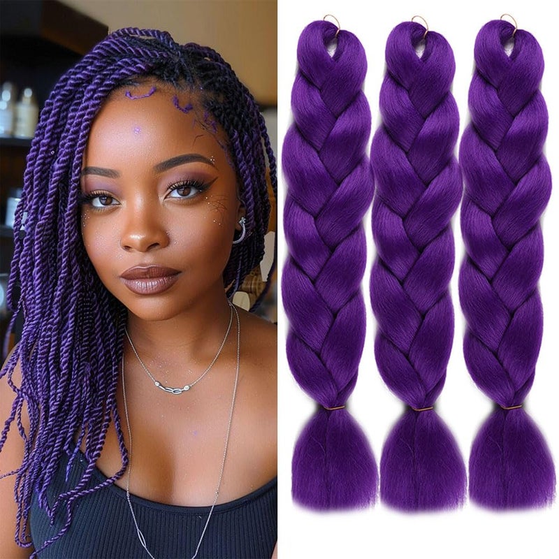 wome Purple Jumbo Braiding Hair Extensions Synthetic Crochet Braids 24 Inch 3 Pack High Temperature Twist Boxes Braids for kids Hair Hot Water Setting Yaki Straight Hair Extension (Purple#,24",100g/Pcs) - Image 5