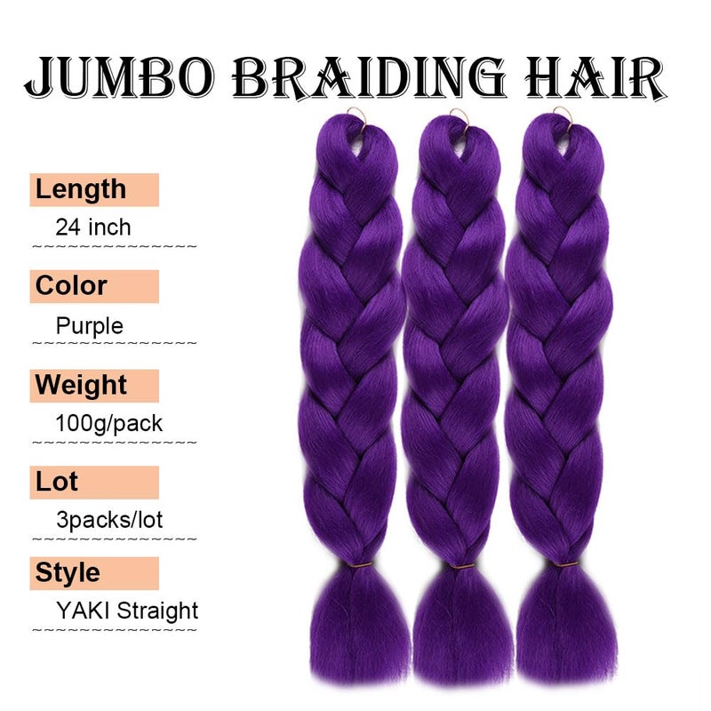 wome Purple Jumbo Braiding Hair Extensions Synthetic Crochet Braids 24 Inch 3 Pack High Temperature Twist Boxes Braids for kids Hair Hot Water Setting Yaki Straight Hair Extension (Purple#,24",100g/Pcs) - Image 3