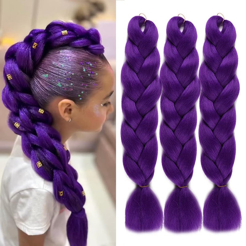 wome Purple Jumbo Braiding Hair Extensions Synthetic Crochet Braids 24 Inch 3 Pack High Temperature Twist Boxes Braids for kids Hair Hot Water Setting Yaki Straight Hair Extension (Purple#,24",100g/Pcs) - Image 1