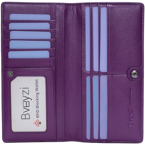 Bveyzi Ultra Slim Thin Leather RFID Blocking Credit Card Holder Bifold Clutch Wallets for Women (Purple) - Image 1