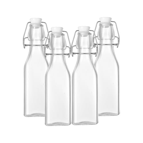 HENIJ 250ml Glass Bottle with Airtight Rubber Seal Flip Caps | Clear Swing Top Glass Beer Bottles for Home Brewing, Beverages, Water, Wine, Milk, Oil, Soda, Pack Of 4, Square - Image 1