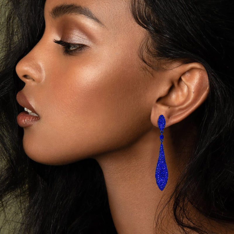 EVER FAITH Women's Austrian Royal Blue Crystal Double Waterdrop Bridal Pierced Dangle Earrings Blue-Tone - Image 3