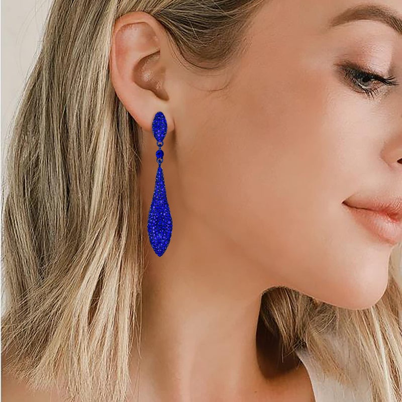 EVER FAITH Women's Austrian Royal Blue Crystal Double Waterdrop Bridal Pierced Dangle Earrings Blue-Tone - Image 2