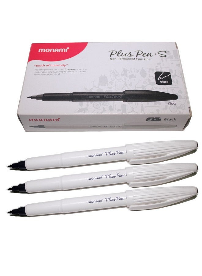 Mon Ami Monami Plus Pen S Water-based Felt Tip, Fine Liner Pen - White Body - Black - Pack of 12 Pen - Image 1