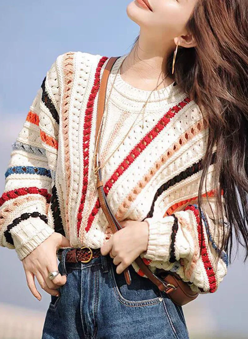 YUNIQEE Cream  Striped Open Knit Sweater Vest