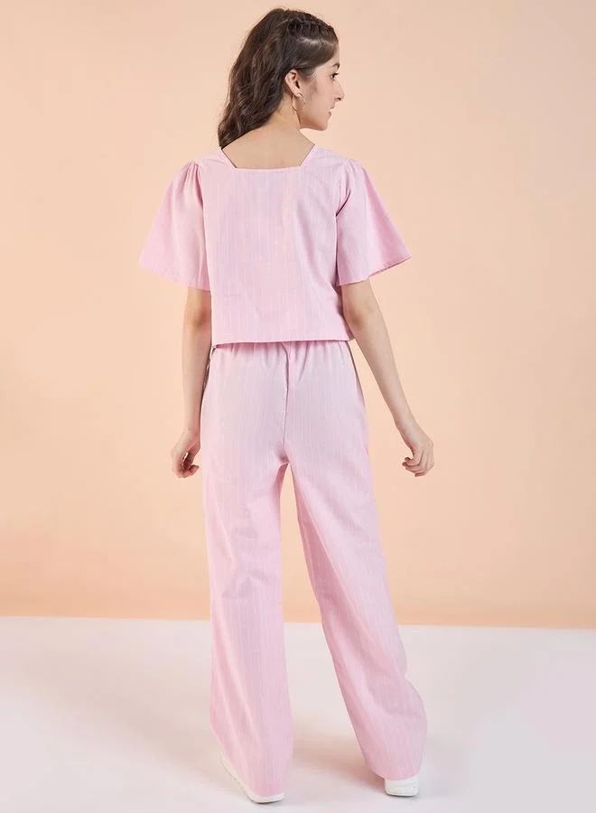 Stylo Bug Pink Striped Top and Pants Set for Girls by Styli