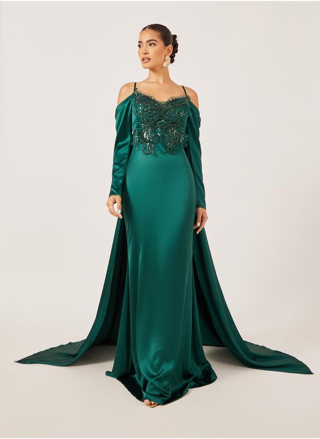 Styli Embellished Cold Shoulder Cape Sleeve A-Line Maxi Dress  - Image 2
