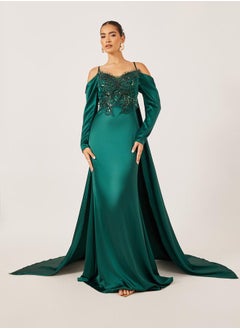 Styli Embellished Cold Shoulder Cape Sleeve A-Line Maxi Dress  - Image 1