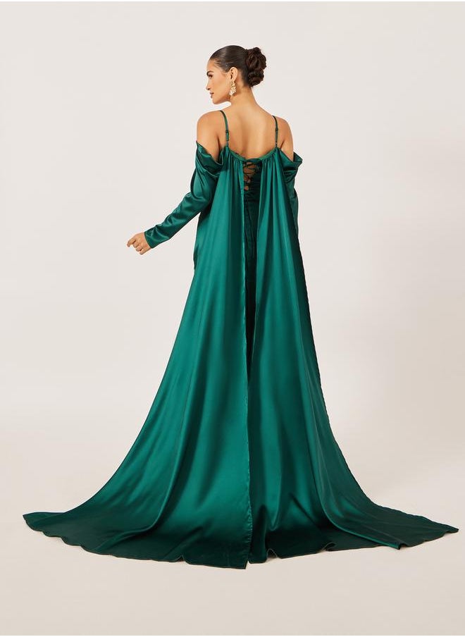 Styli Embellished Cold Shoulder Cape Sleeve A-Line Maxi Dress  - Image 5