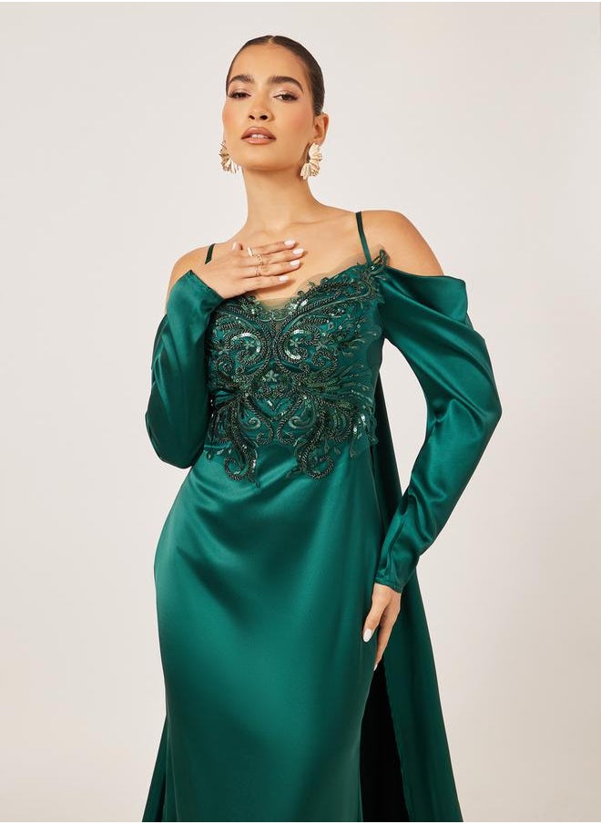 Styli Embellished Cold Shoulder Cape Sleeve A-Line Maxi Dress  - Image 3