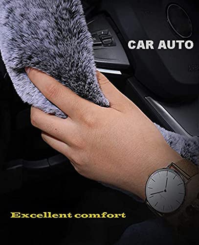 Car Auto 3Pcs Set Womens Winter Fashion Wool Fur Soft Furry Steering Wheel Covers Black Fluffy Handbrake Cover Gear Shift Cover Fuzz Warm Non-slip Car Decoration Long Hair - Image 3