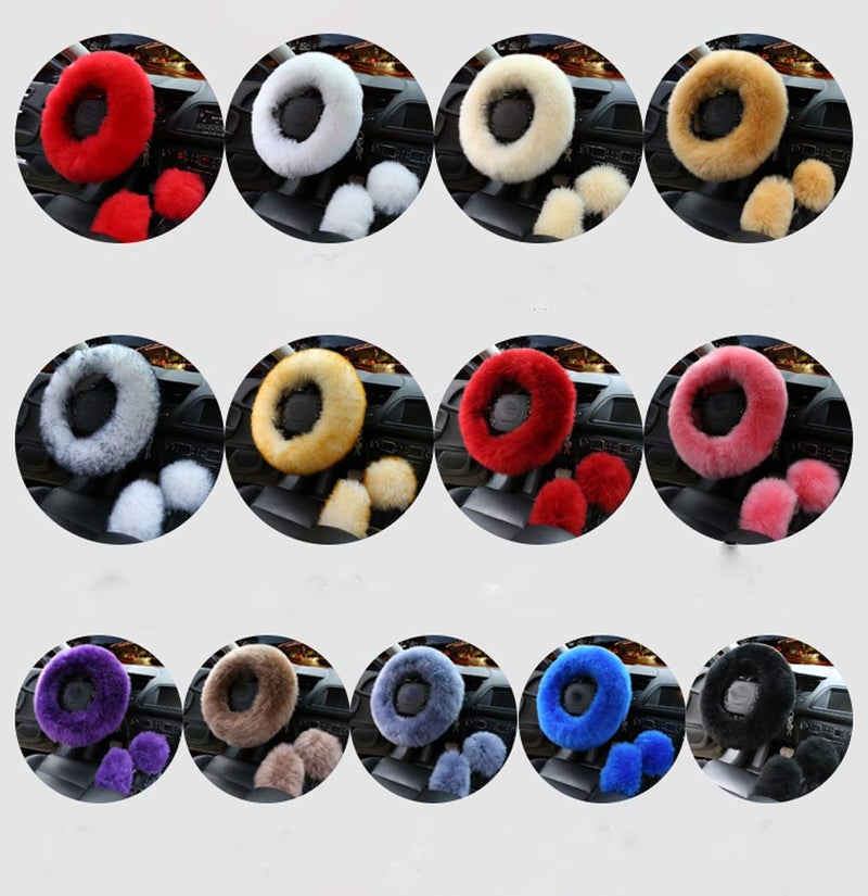 Car Auto 3Pcs Set Womens Winter Fashion Wool Fur Soft Furry Steering Wheel Covers Black Fluffy Handbrake Cover Gear Shift Cover Fuzz Warm Non-slip Car Decoration Long Hair - Image 5