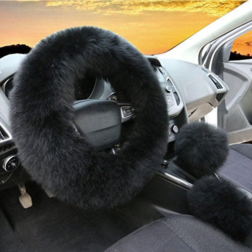 Car Auto 3Pcs Set Womens Winter Fashion Wool Fur Soft Furry Steering Wheel Covers Black Fluffy Handbrake Cover Gear Shift Cover Fuzz Warm Non-slip Car Decoration Long Hair - Image 1