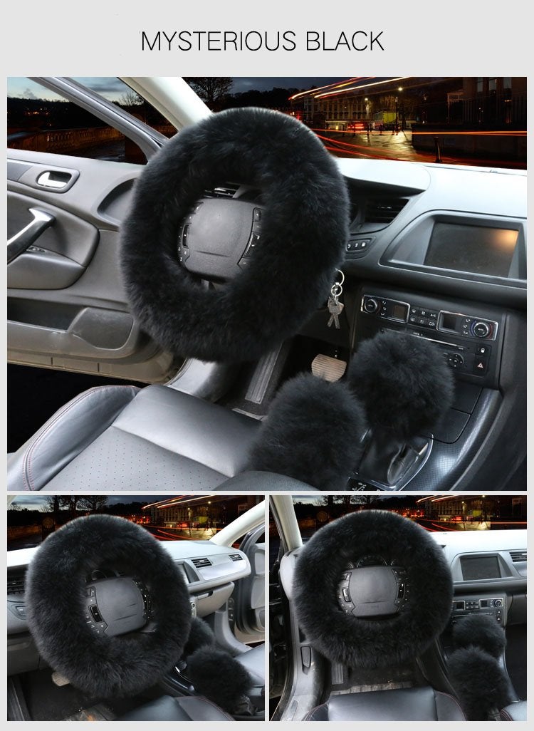 Car Auto 3Pcs Set Womens Winter Fashion Wool Fur Soft Furry Steering Wheel Covers Black Fluffy Handbrake Cover Gear Shift Cover Fuzz Warm Non-slip Car Decoration Long Hair - Image 2