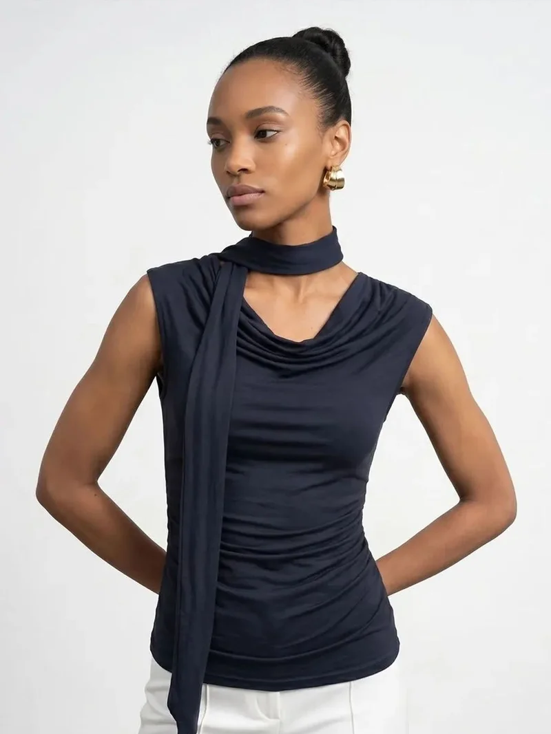 ديلفين DILVIN Sleeveless Cowl Neck Jersey Blouse