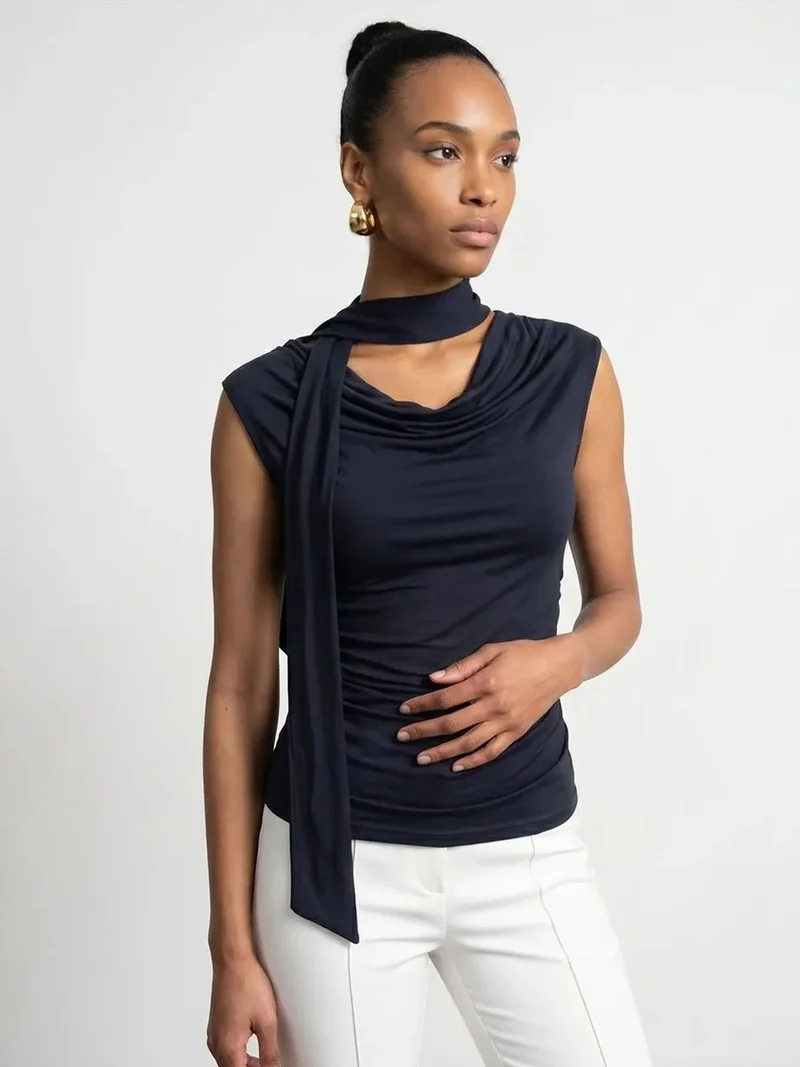 ديلفين DILVIN Sleeveless Cowl Neck Jersey Blouse